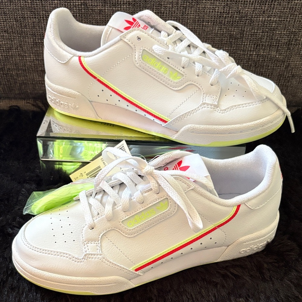 adidas Kids White Sneakers with Neon Yellow & Orange Trim